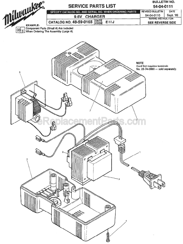 Page A Diagram and Parts List for 48-59-0165 SER EIIJ Milwaukee Charger
