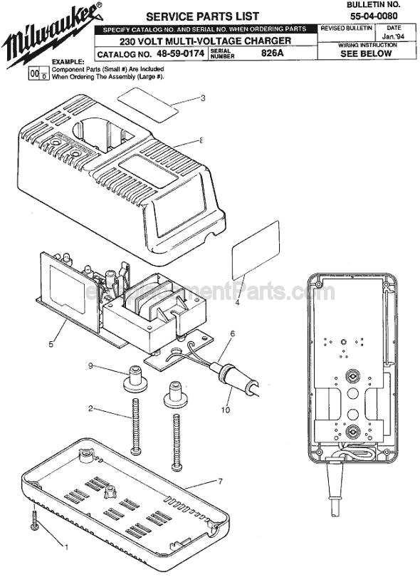 Page A Diagram and Parts List for 48-59-0174 SER 826A Milwaukee Charger