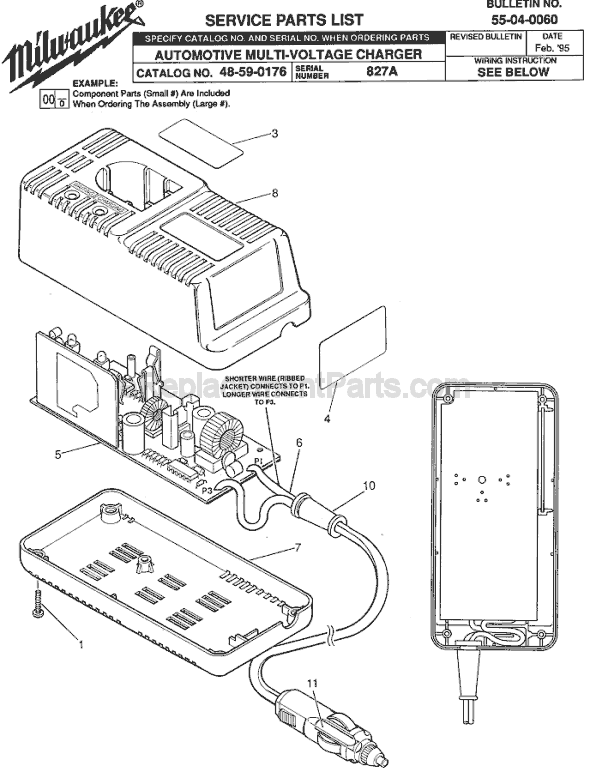 Page A Diagram and Parts List for 48-59-0176 SER 827A Milwaukee Charger