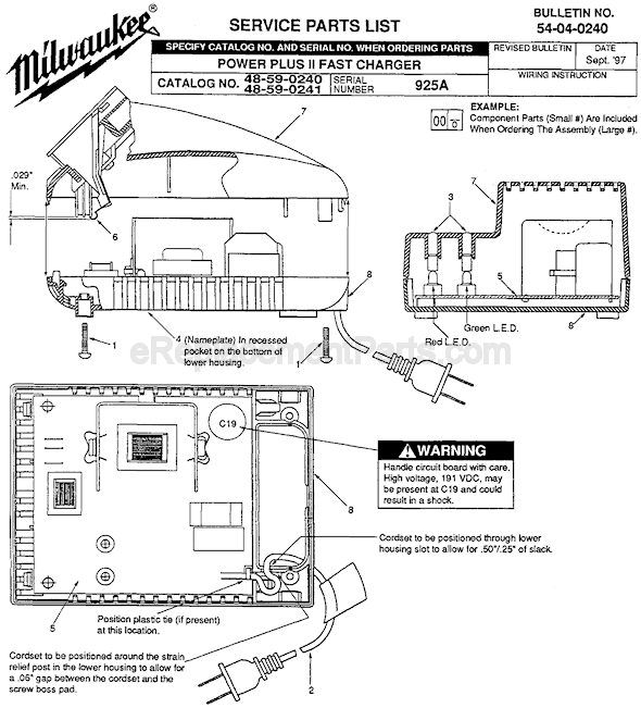 Page A Diagram and Parts List for 48-59-0241 SER 925A Milwaukee Charger