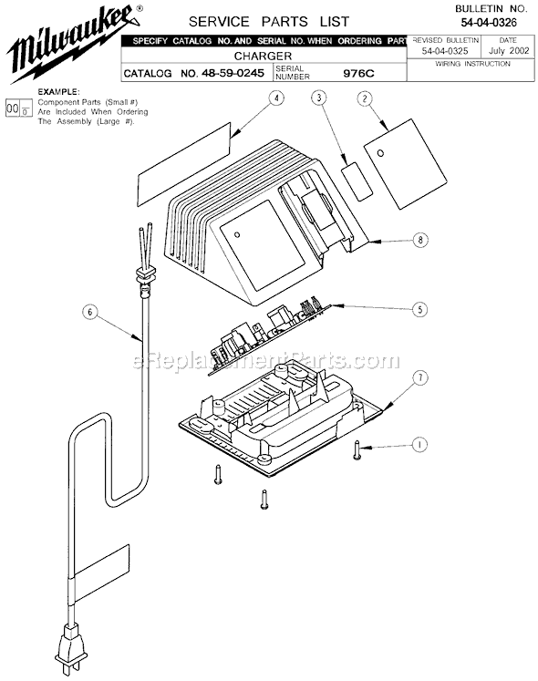 Page A Diagram and Parts List for 48-59-0245 SER 976C Milwaukee Charger