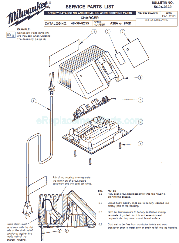 Page A Diagram and Parts List for 48-59-0255 SER A28A Milwaukee Charger