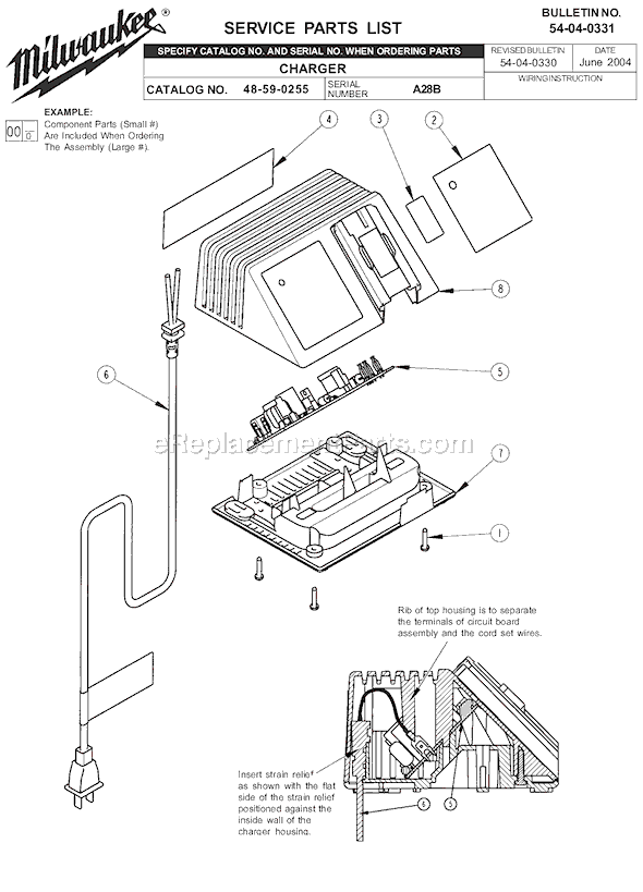Page A Diagram and Parts List for 48-59-0255 SER A28B Milwaukee Charger