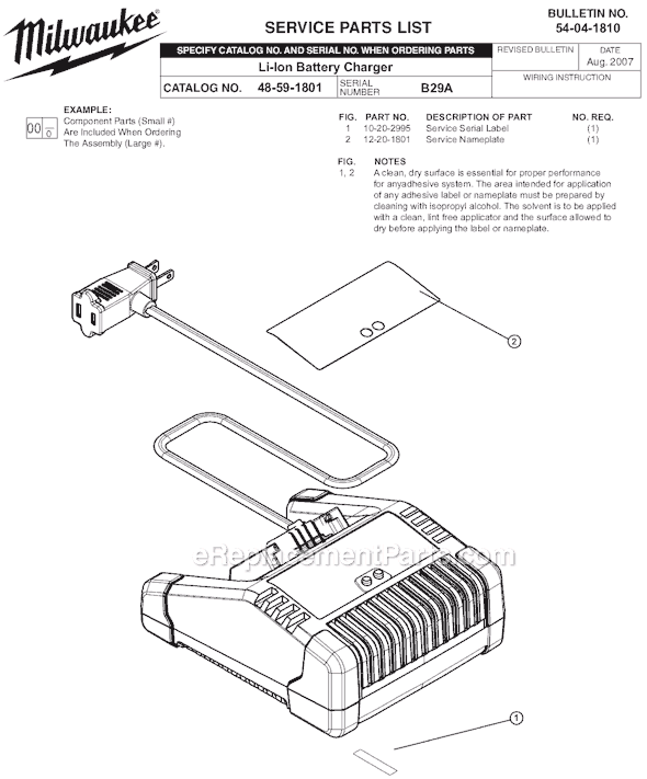 Page A Diagram and Parts List for 48-59-1801 SER B29A Milwaukee Charger
