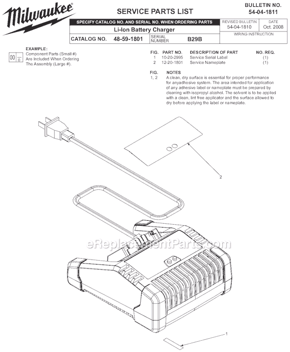Page A Diagram and Parts List for 48-59-1801 SER B29B Milwaukee Charger