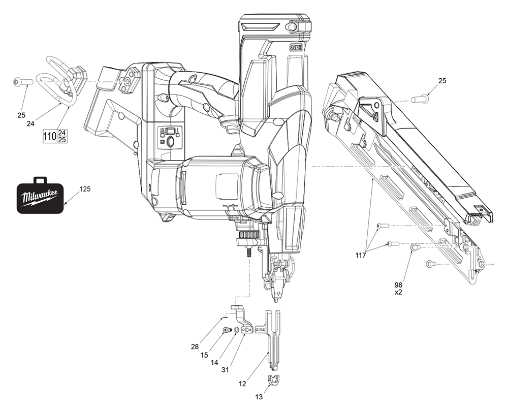 Fig-0 Diagram and Parts List for 2841-20 M04A Milwaukee Nailer