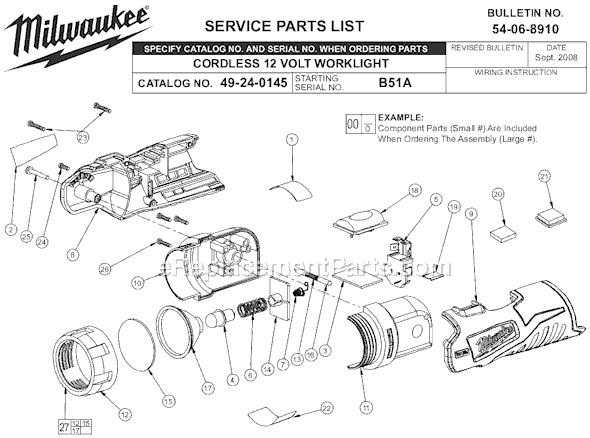 Page A Diagram and Parts List for 49-24-0145 SER B51A Milwaukee Worklight & Flashlight