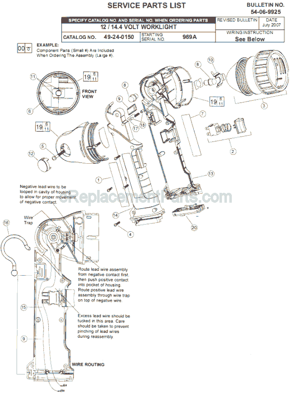 Page A Diagram and Parts List for 49-24-0150 SER 969A Milwaukee Worklight & Flashlight