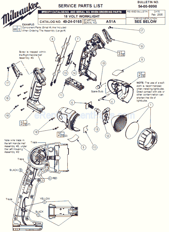 Page A Diagram and Parts List for 49-24-0165 SER A51A Milwaukee Worklight & Flashlight