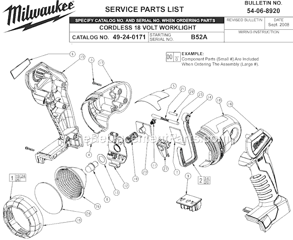 Page A Diagram and Parts List for 49-24-0171 SER B52A Milwaukee Worklight & Flashlight
