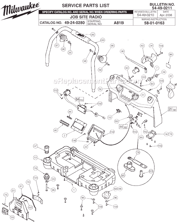 Page A Diagram and Parts List for 49-24-0280 SER A81B Milwaukee Radio