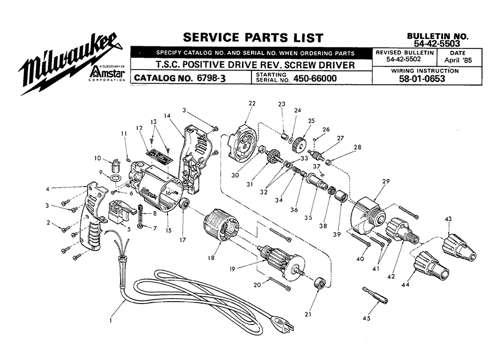 Fig-0 Diagram and Parts List for 6798-3 450-66000 Milwaukee Electric Drill