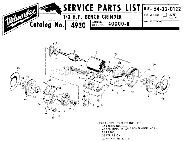 Page A Diagram and Parts List for 4920 SER 40000-U Milwaukee Bench Grinder