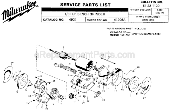 Page A Diagram and Parts List for 4921 SER 41906-A Milwaukee Bench Grinder