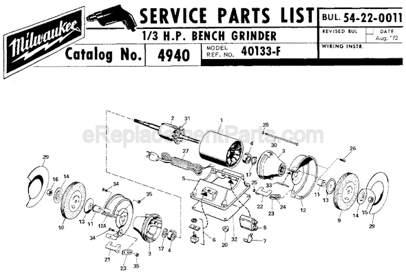 Page A Diagram and Parts List for 4940 SER 40133-F Milwaukee Bench Grinder