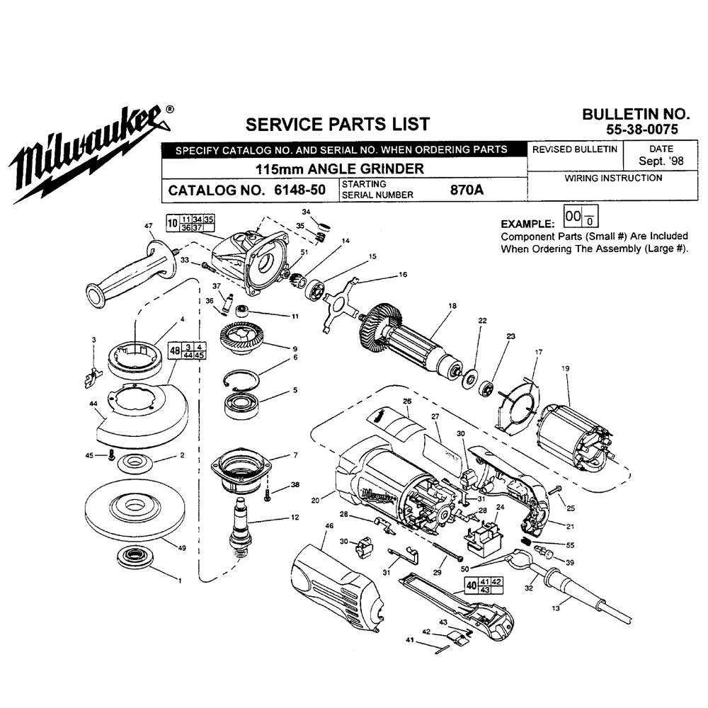Fig-0 Diagram and Parts List for 6148-50 870A Milwaukee Angle Grinder