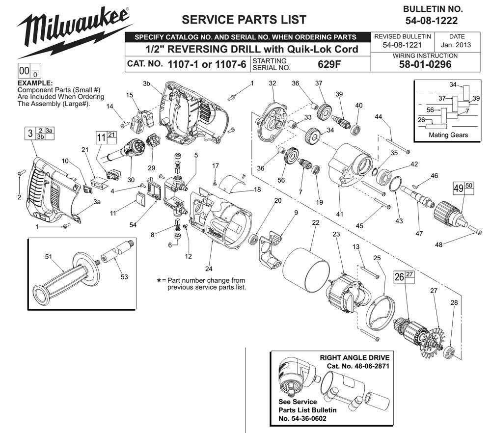 Fig-0 Diagram and Parts List for 1107-1 629F Milwaukee Electric Drill