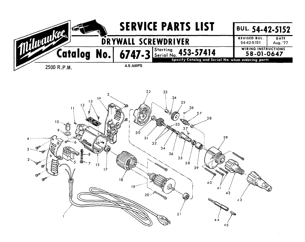 Fig-0 Diagram and Parts List for 6747-3 453-57414 Milwaukee Electric Drill