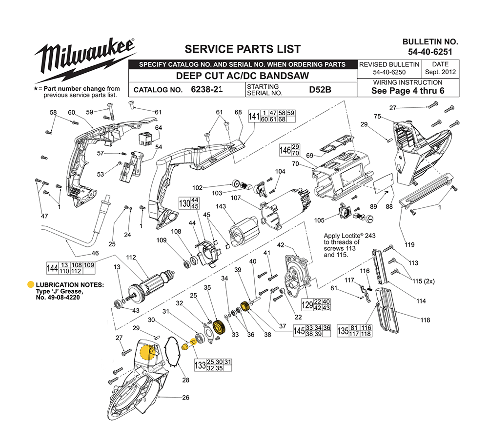 Fig-0 Diagram and Parts List for 6238-21 D52B Milwaukee Saw