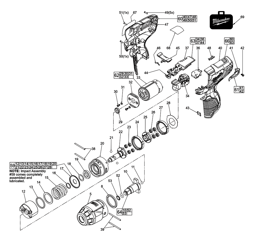 Fig-0 Diagram and Parts List for 2463-059 F38A Milwaukee Impact Driver