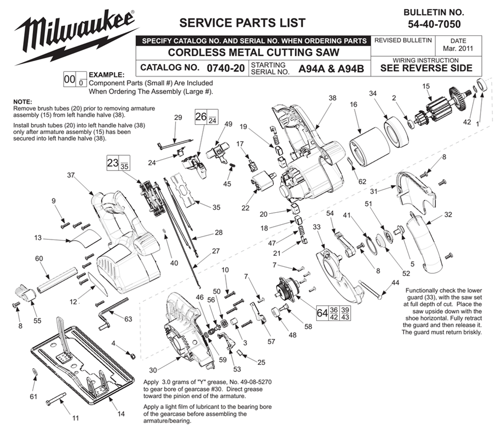 Fig-0 Diagram and Parts List for 0740-20 A94B Milwaukee Saw