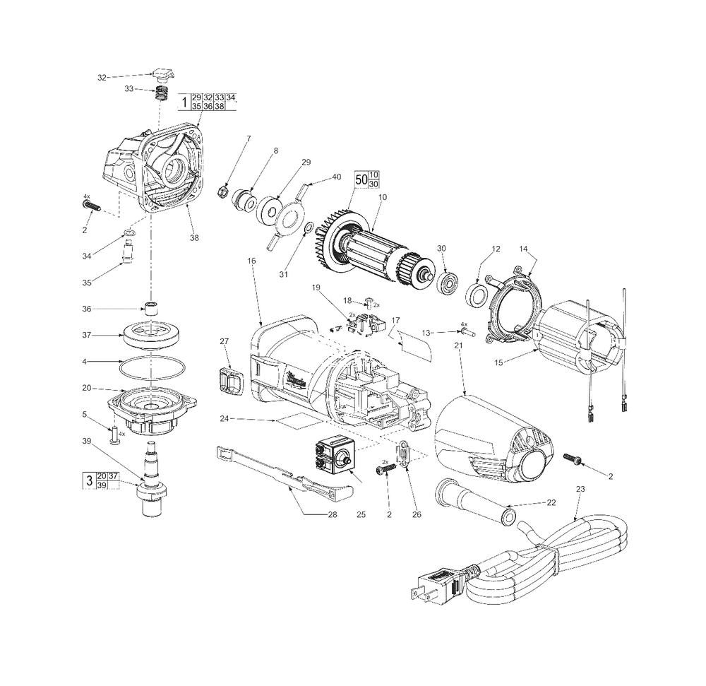 4.5-Inch (115mm) Angle Grinder Diagram and Parts List for 6130-59B al E37B Milwaukee Angle Grinder
