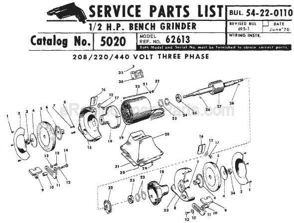 Page A Diagram and Parts List for 5020 SER 62613 Milwaukee Bench Grinder