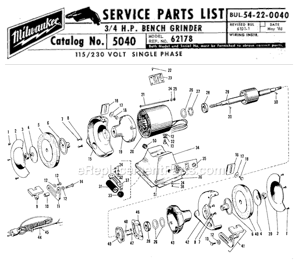 Page A Diagram and Parts List for 5040 SER 62178 Milwaukee Bench Grinder