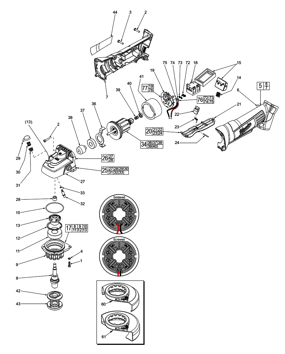 Fig-0 Diagram and Parts List for 2680-059 D45B Milwaukee Angle Grinder