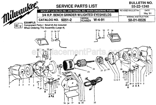 Page A Diagram and Parts List for 5051-2 SER W-4-91 Milwaukee Bench Grinder