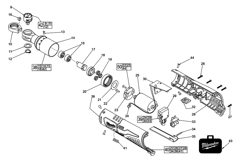 Fig-0 Diagram and Parts List for 2457-20 D54B Milwaukee Cordless Drill