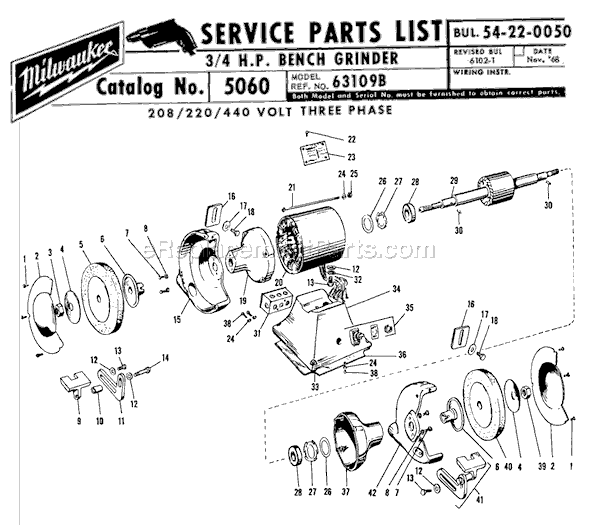 Page A Diagram and Parts List for 5060 SER 63109-B Milwaukee Bench Grinder