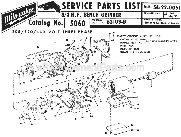 Page A Diagram and Parts List for 5060 SER 63109-D Milwaukee Bench Grinder