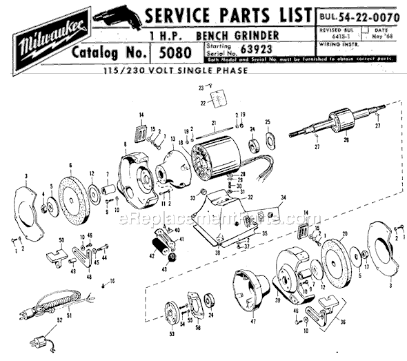 Page A Diagram and Parts List for 5080 SER 63923 Milwaukee Bench Grinder