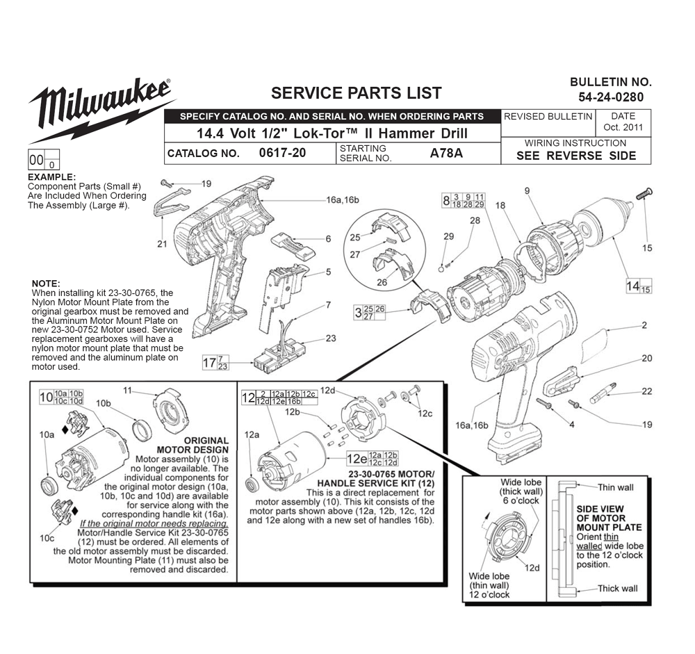 Fig-0 Diagram and Parts List for 0617-24 A78A Milwaukee Cordless Drill
