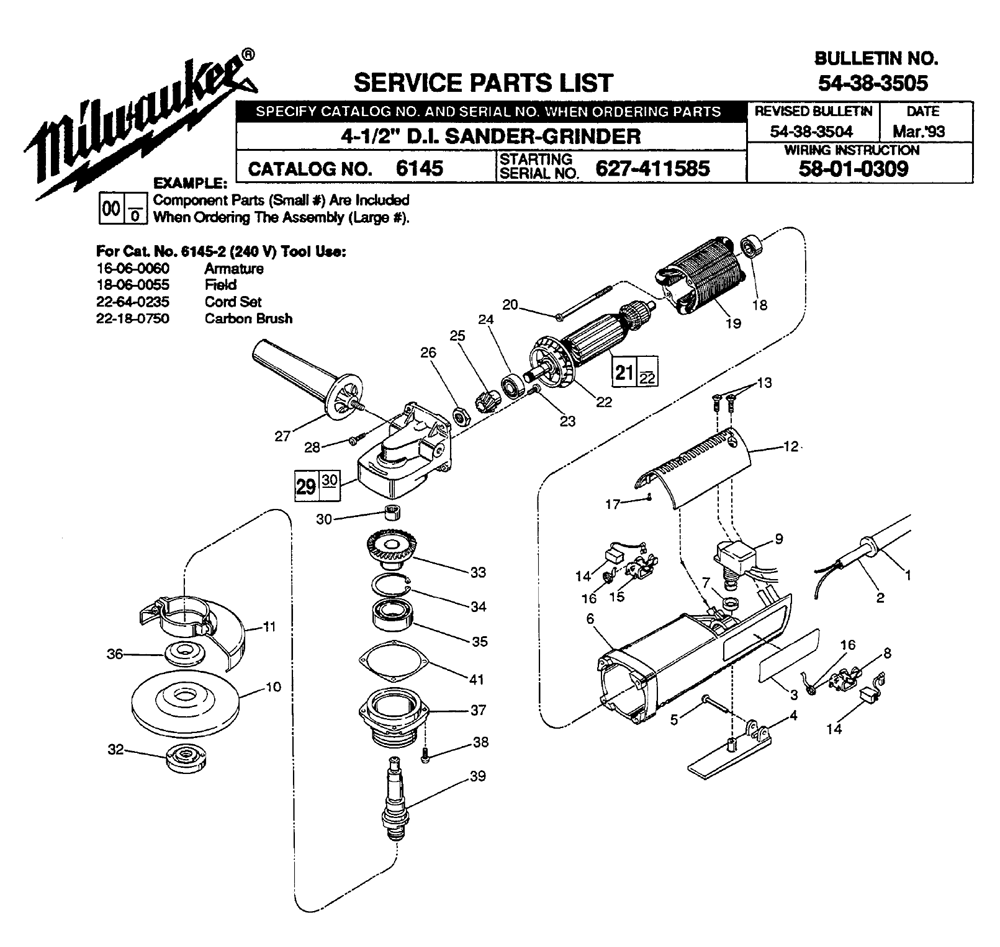 Fig-0 Diagram and Parts List for 6145-2 627-411585 Milwaukee Angle Grinder