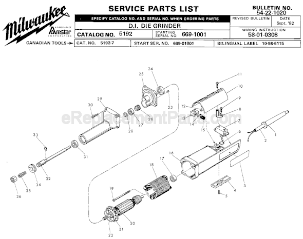 Page A Diagram and Parts List for 5192-7 SER 669-1001 Milwaukee Sander Grinder