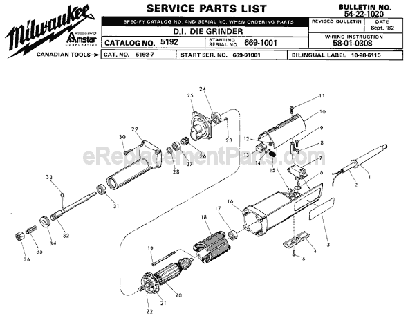 Page A Diagram and Parts List for 5192 SER 669-1001 Milwaukee Sander Grinder