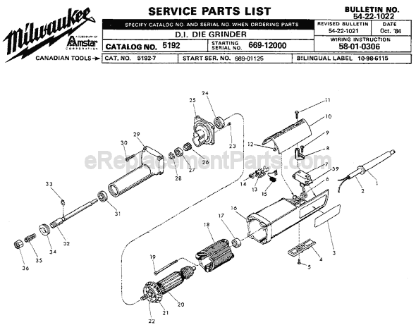 Page A Diagram and Parts List for 5192 SER 669-12000 Milwaukee Sander Grinder