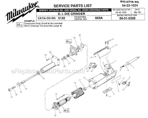 Page A Diagram and Parts List for 5192 SER 699A Milwaukee Sander Grinder