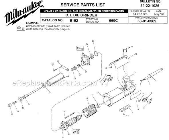 Page A Diagram and Parts List for 5192 SER 699C Milwaukee Sander Grinder