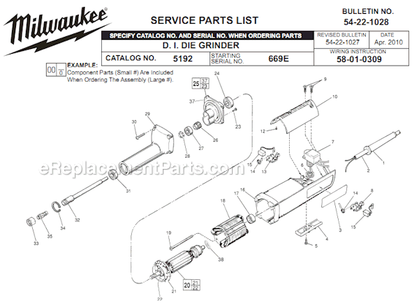 Page A Diagram and Parts List for 5192 SER 699E Milwaukee Sander Grinder