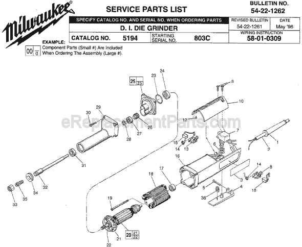 Page A Diagram and Parts List for 5194 SER 803C Milwaukee Sander Grinder