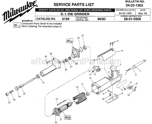 Page A Diagram and Parts List for 5194 SER 803D Milwaukee Sander Grinder