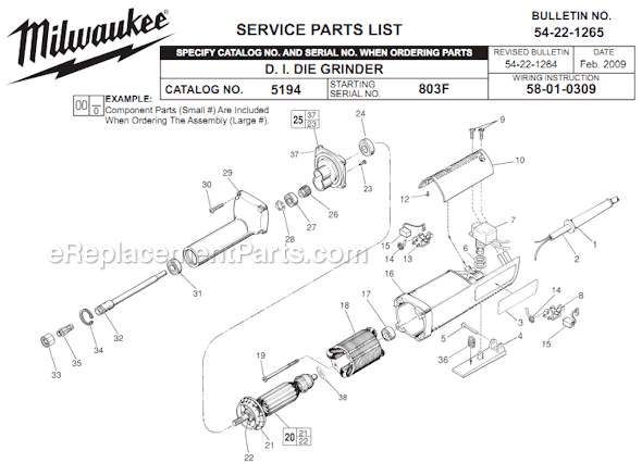 Page A Diagram and Parts List for 5194 SER 803F Milwaukee Sander Grinder