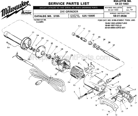 Page A Diagram and Parts List for 5195 SER 525-16000 Milwaukee Sander Grinder