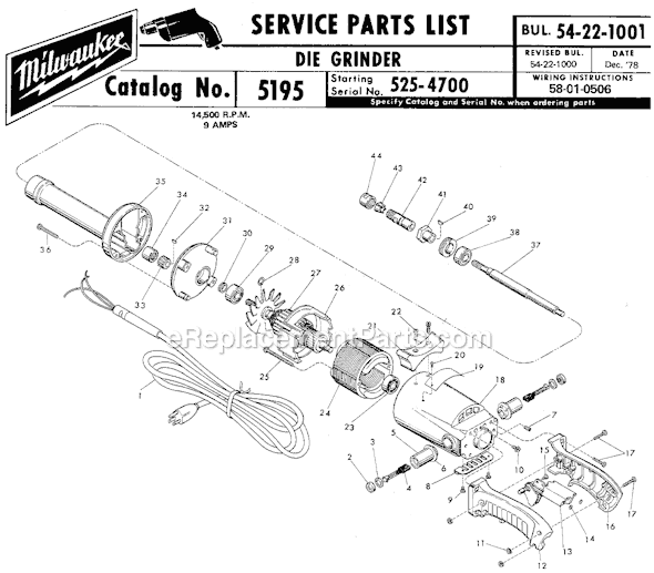 Page A Diagram and Parts List for 5195 SER 525-4700 Milwaukee Sander Grinder