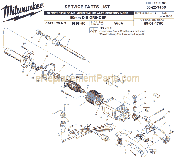 Page A Diagram and Parts List for 5196-50 SER 960A Milwaukee Sander Grinder