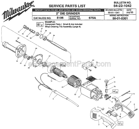 Page A Diagram and Parts List for 5196 SER 675A Milwaukee Die Grinder