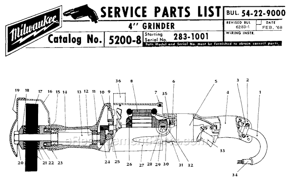 Page A Diagram and Parts List for 5200-8 SER 283-1001 Milwaukee Sander Grinder